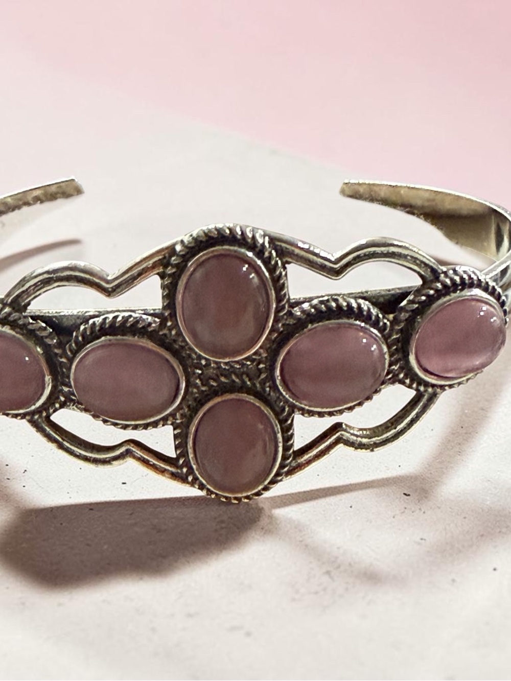 Sterling-Style Pink Stone Cuff Bracelet